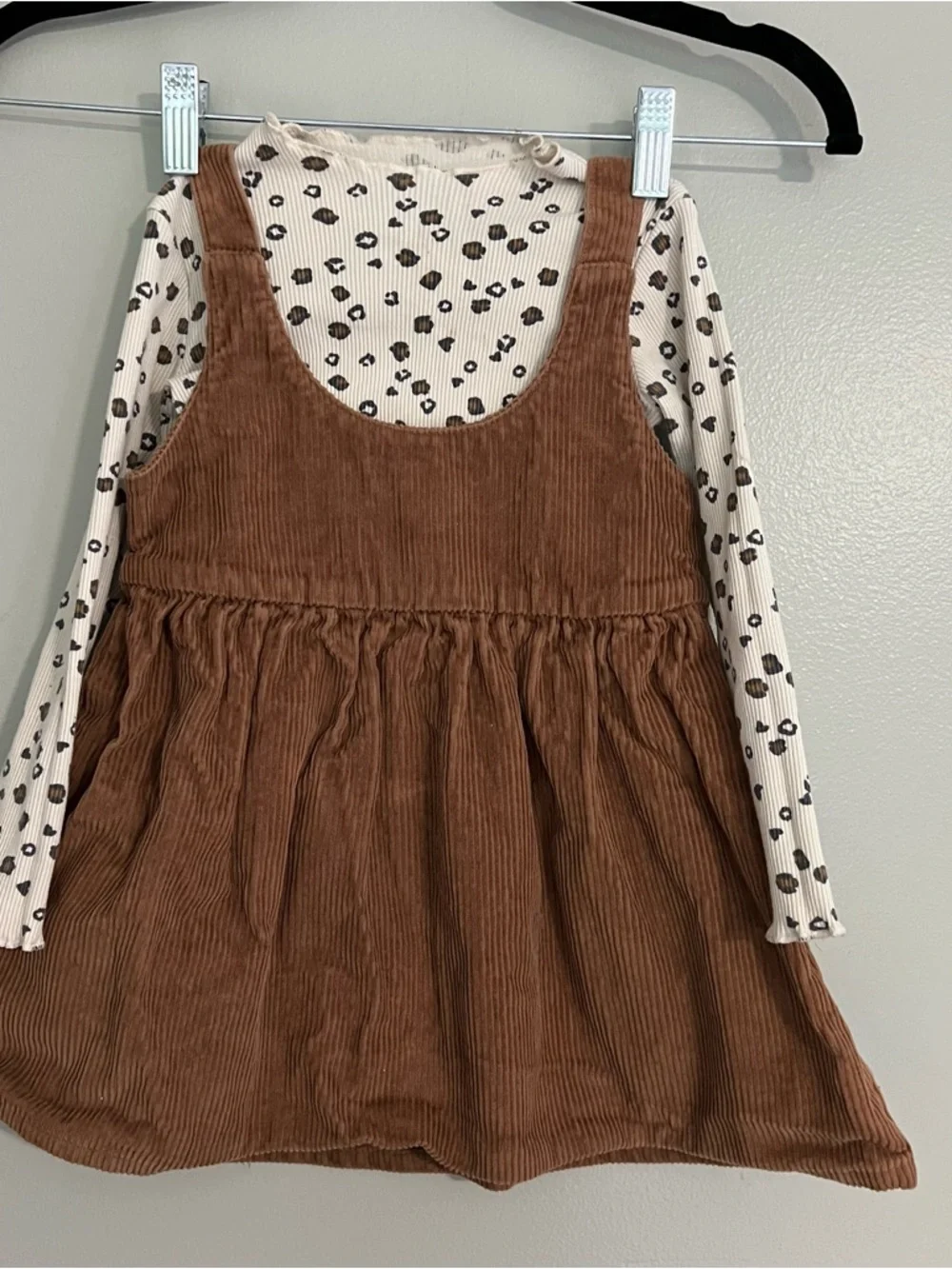 Carter's Brown Corduroy Pinafore Dress with Cream Leopard Top fall outfit